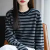 Estilo Novo Primavera 2026 Algodão Puro Estilo Preguiçoso Gola Redonda Tricô Manga Longa Color Block Listrado Solto Base Top para Mulheres
