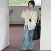 Conjunto de outono para meninas, estilo coreano casual, com top de tricô de manga longa e barra com babados, e calça jeans wide leg