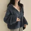 Enviado: Jaqueta suéter chic retrô com capuz e zíper de manga longa, estilo solto e casual para mulheres, top 18831