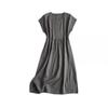 Vestido de Verano Nuevo Estilo Japonés Sencillo de Color Sólido para el Trabajo con Cuello en V, Mangas Cortas Raglán, Holgado, Artístico, de Longitud Media