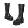 Botas de moda de sola grossa para outono e inverno, botas de couro de cano alto com bico redondo versáteis, botas femininas plus size transfronteiriças, zíper lateral preto, salto quadrado