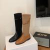Botas Western Retro de Caña Alta para Mujer con Hebilla de Cuero Color Caramelo Castaño, Botas de Montura de Gamuza con Punta Redonda y Tacón Bajo, Botas de Media Caña