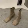 Botines estilo tweed con bloques de color, tacón grueso, punta cuadrada, ajuste ceñido al tobillo, zapatos de mujer, nuevos botines Chelsea de mezclilla 2025