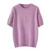 Blusa de tricô feminina, respirável, com estampa floral, ombro a ombro, casual, caimento justo, solta, gola redonda, manga curta, versátil, top para cross-border
