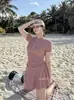 3 Colores Estilo Coreano Simple Color Sólido Manga Corta Estilo Falda Conservador Cuello Alto Cremallera Talla Grande Adelgazante Vacaciones en la Playa Abertura