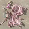 2 ColoresNuevo Estilo Coreano Ins Tela de Toalla Rayas Tubo Top Banda para el Vientre Estilo Vacaciones en la Playa Traje de Baño de Dos Piezas Bikini