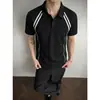 Camisa Polo Rayada Retro Americana para Hombre, Camiseta de Manga Corta Deconstruida de Peso Pesado, Top Holgado Oversize de Gama Alta, Moderno