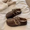 Chinelos de couro Birkenstock com sola grossa e forro de pelo 2026 novo estilo feminino inverno bico fechado slip-on sapatos quentes de algodão feminino