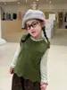 Chaleco de Punto Verde Estilo Bosque Retro para Bebés Niñas Coreano con Bolsillo Sin Mangas