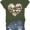 Camiseta Casual Feminina 'Coração Quebrado Lindo' - Laranja Vibrante Manga Curta Gola Redonda Top de Verão,