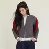 Suéter de lã feminino estilo coreano com gola redonda única, design de peça dupla falsa, cardigã de tricô com blocos de cor e mangas compridas, casaco de cashmere