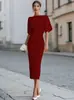 Amazon 2026 Verano transfronterizo europeo y americano nuevo vestido casual elegante para mujer de color liso con cuello redondo y manga media