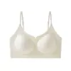 Ropa Interior de Seda de Morera Sin Costuras de Encaje Moldeadora Espalda Hermosa Push-Up para Pecho Pequeño Escote en V Tirante Delgado Soporte Suave de Gel Sostén Transpirable