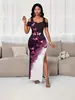 Moda Feminina Elegante Estilo Europeu e Americano Transfronteiriço 2026 Novo Vestido Longo Off-Shoulder com Fenda Estampado Borboleta