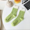 Calcetines de dopamina para mujer, color sólido, estilo japonés, boca de burbuja doble, media pantorrilla, algodón, acanalados, simples, combinan con todo, calcetines de rizo