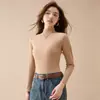 Blusa de manga longa, gola alta, forrada com fleece, espessa, com corte justo e design casual, blusa base de gola alta quente para mulheres