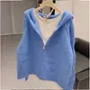 Cárdigan con Capucha Azul Klein Holgado de Doble Cremallera Ropa de Abrigo para Mujer Otoño Invierno Nuevo Estilo Coreano Tejido de Ganchillo para Mujer