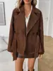 Chaqueta Corta de Gamuza Sintética con Cordones, Solapas Grandes, Mangas Largas, Cintura Ceñida con Cinturón, Estilo Casual Chic, Gabardina Corta para Mujer