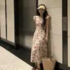 Vestido Floral de Estilo Suave para Mulheres 2026 Verão Novo Estilo Elegante Mangas Curtas tipo Asa Laço Rosa Gola U Corte Evasê Longo