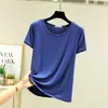 Camiseta casual feminina estilo coreano para primavera e verão, cor sólida nova, estilo preguiçoso, gola redonda elegante, manga curta, corte solto, simples