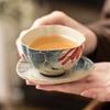 Taza de té de cerámica roja de pedernal azul y flor de fábrica pintada a mano en oro, con forma de loto, rima, taza de boca de koi kwai, taza maestra, taza de degustación, taza, platillo