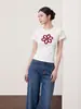 Outono 2026 Estilo Coreano Estampado Floral Aveludado Slim Fit Curto Gola Redonda Manga Curta Camiseta Novo Modelo HBZX710564