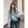 Suéter azul nuevo estilo francés juvenil con volantes para mujer, primavera y otoño, adelgazante, holgado, base de punto de ochos