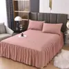 Juego de Sábana Bajera Ajustable de Algodón Lavado de Color Sólido Falda de Cama de una Pieza Juego de Tres Piezas Protector de Colchón Grueso con Falda Dos en Uno