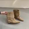 Primeiro Encontro Jifa Botas Curtas Pointed Toe Francesas Couro Fivela Botas Calça Femininas 2026 Outono/Inverno Novas Salto Grosso Botas de Combate Feriado Oeste