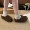 Pantuflas de medio zapato peludas de punta cerrada con suela gruesa para mujer 2026 Invierno Exterior Otoño/Invierno Cálidas Retro Birkenstock Pantuflas Esponjosas