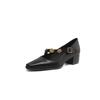 Zapatos Mary Jane de color vintage pulido, cabeza cuadrada pequeña, correa oblicua, tacón medio con flor metálica, capa superior de piel de vaca, botines bajos, zapatos para mujer