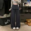 Pantalones grises de imitación de dos piezas de pierna ancha con detalle de lazo, pantalones casuales rectos finos de verano 2026 para mujer, cintura alta, adelgazantes