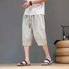Pantalones cortos deportivos finos de seda de hielo de verano para hombre, secado rápido, estilo chino nuevo, a rayas finas, holgados, de largo 7/8