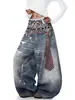 Jeans Americano Retrô Lavado para Homens e Mulheres, Nova Marca Tendência Calças Longas Flare Estampadas em 3D, Calças Largas Versáteis Soltas