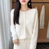 Cárdigan de punto sin costuras de estilo suave 100% lana para mujer con diseño de botones, camiseta base adelgazante, abrigo cálido, suéter