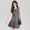 Falda Plisada Azul de Alta Gama, Moderna y Versátil para Primavera y Verano, Traje de Dos Piezas con Chaleco sin Mangas Estilo Universitario para Mujer