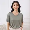 Nueva camiseta de triacetato de verano con cuello en V estilo coreano simple, elegante y a la moda, color liso, adelgazante, top simple de manga corta para mujer