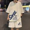 Conjunto Casual Waffle Masculino Verão Shorts de Seda Gelo Camiseta de Manga Curta com Estampa Jovem Bonita Falso Duas Peças