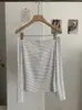 Kekezoon Moda Otoñal Puro Deseo Chica Picante Top Hombros Descubiertos con Rayas de Color Contrastante Camiseta Manga Larga Corta Ajustada 8366