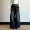 Jeans de Pierna Ancha Versátiles Casuales Vintage de Tiro Doble Lavados de Diseño de Marca de Moda Transfronteriza para Hombres y Mujeres