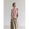 Camiseta de Manga Corta Rosa con Retazos de Encaje Falso de Dos Piezas para Mujer, Estilo Veraniego de Puro Deseo Ajustada Top de Chica Atrevida