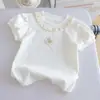 Camiseta Doce Estilo Princesa para Meninas Versão Coreana Manga Curta Verão Novo Algodão Puro Fofo Menina Bebê Renda Floral Top 3