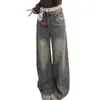 Design de Moda de Rua Americana Jeans Retrô para Mulheres, Calças de Cintura Alta Wide Leg Emagrecedoras Soltas de Perna Reta Comprimento Total para Primavera e Outono