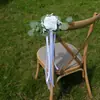 Flor artificial branca de rosa para encosto de cadeira com folhas de eucalipto e fitas longas, flor para decoração de cadeira de casamento, flor para decoração de maçaneta de porta de carro de casamento