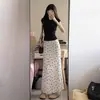 Falda Larga de Encaje con Estampado de Moños Blancos para Mujer, Estilo Vacacional Veraniego de Cintura Alta Adelgazante Bodycon