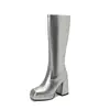 Botas Elásticas de Tacón Grueso Super Alto Nuevas de Otoño e Invierno con Punta Cuadrada Botas Altas Botas Altas de Charol Verde Botas Martin