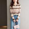 2025 Talla Grande Primavera y Otoño Nuevo Estilo Retro Rayado Manga Larga Moda Cuello en V Reductor de Edad Top Cárdigan de Punto