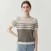 Top de punto a rayas de color block de alta gama estilo francés para mujer, camiseta de manga corta, verano, fino, holgado, elegante, adelgazante, con cuello redondo