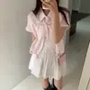 Chique Coreano Verão Listras Bolha Manga Curta Botão Único Gravata Camisa Blusa Novo Estilo Coreano Moda Feminina