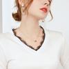 Huaye Verão Novo Camisa Base de Seda Manga Longa Feminina Camiseta Renda Sexy Decote V Tricô de Seda de Amora Acetato